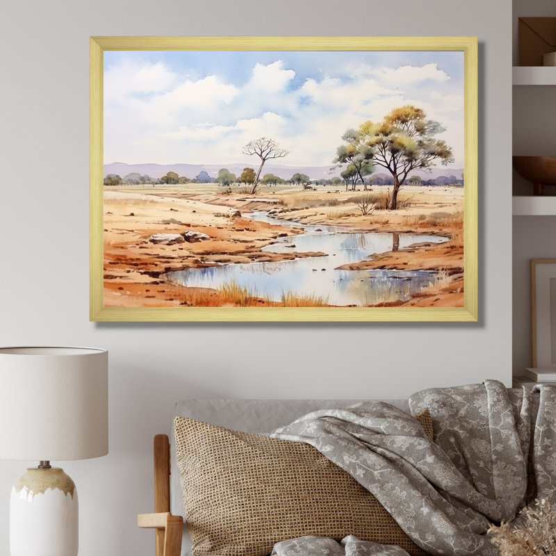 Beige, safari africain, paysage II, art mural Afrique, Cadre flottant doré, H 12 po x l 20 po x P 1 po