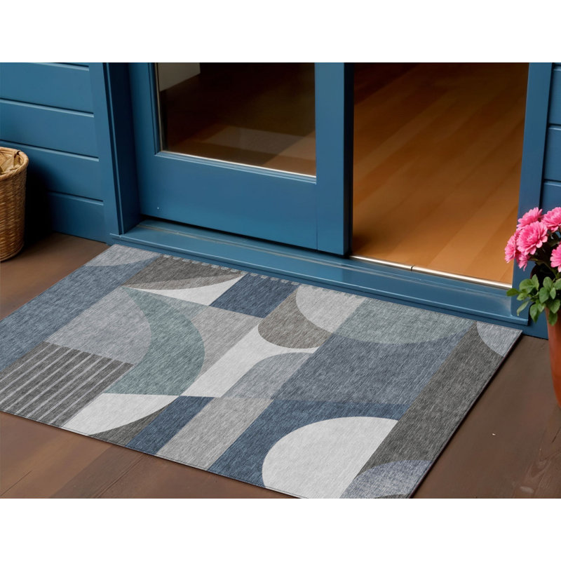 3' X 5' Gray Blue And Ivory Geometric Washable Indoor Outdoor Area Rug