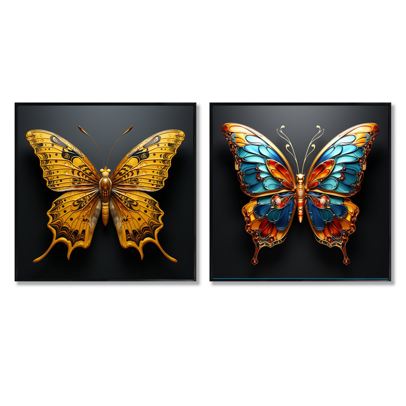 «Butterfly Expressionist Freedom» - Ensemble de 2 insectes et insectes carrés, Cadre flottant noir, H 30 po x l 61 po