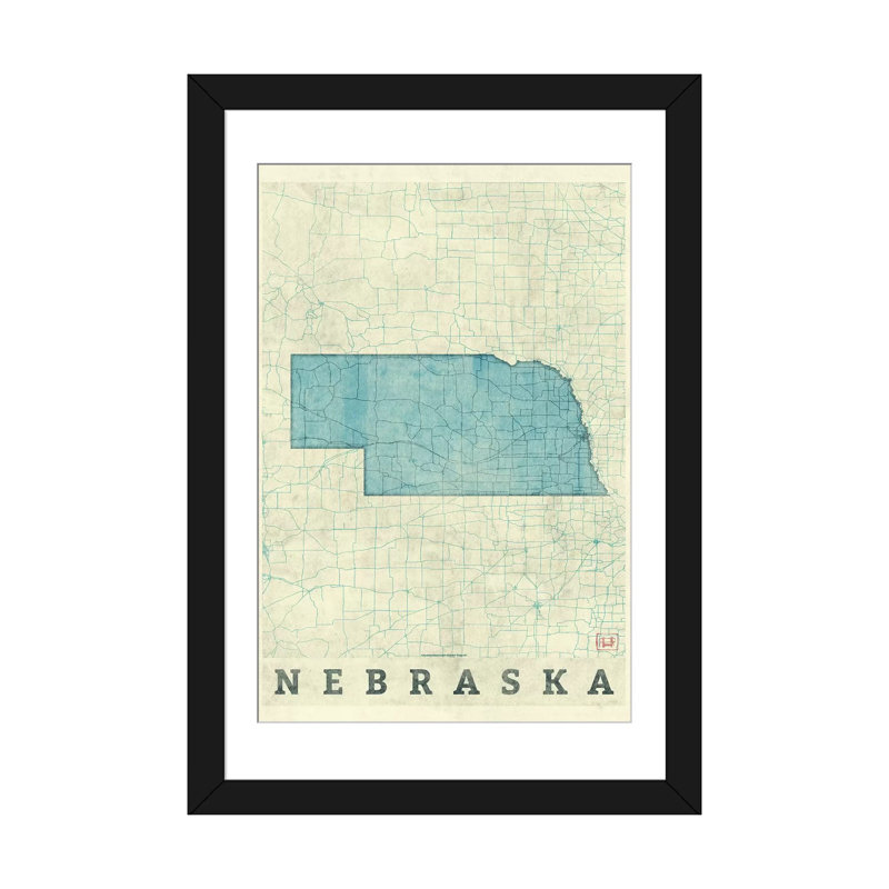 « nebraska map », impression sur toile, Papier d'art encadré noir, H 32 po x l 24 po x P 1 po, Blanc