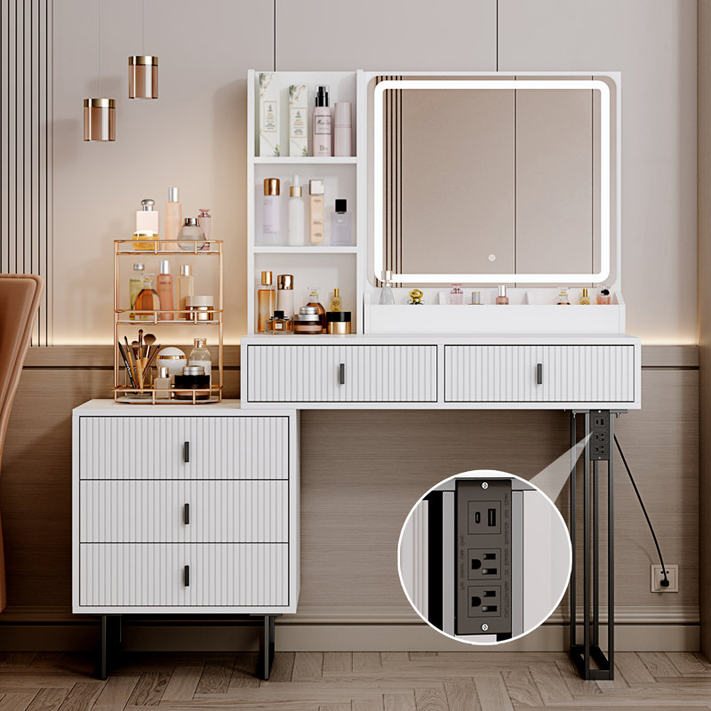Axelson Makeup Vanity Desk with Large Mirror and Lights&Charging Station,3 Lighting Modes, Black/White