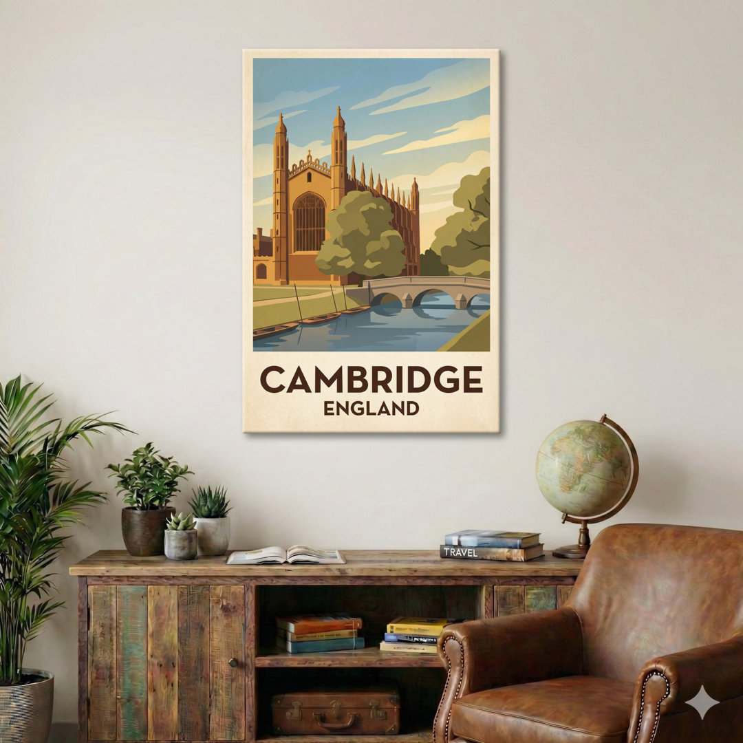 Cambridge, England - River Cam and College Spires Vintage Travel Poster. Giclée Print on Wrapped Canvas. Wall Art, Home Decor - Cities & Towns, Englan
