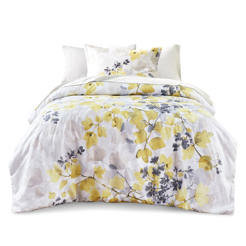 Yellow Comforter And Sheet - Full Size Botanical Pattern Modern With Sheets Filling, Full Comforter + 8 Additional Pieces