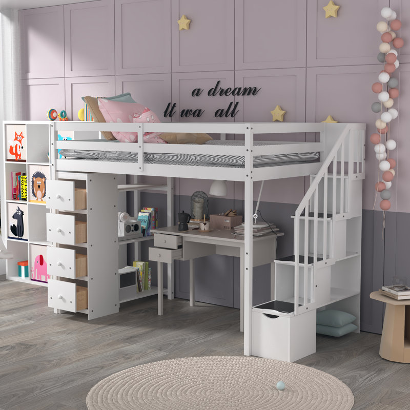 Gerld Kids Twin Loft Bed with Drawers, White