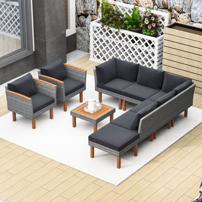 Catara 9-Piece Wicker Outdoor Conversation Set with Solid Wood Legs and Removable Cushions by Lark Manor