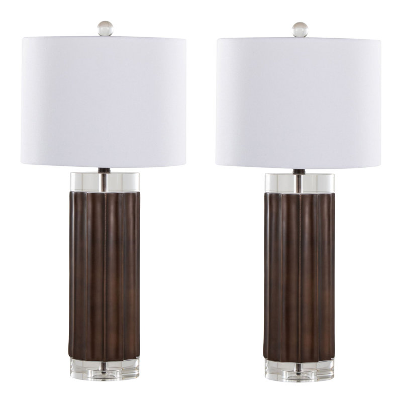 Lampe de table contemporaine en polyrésine 29,25 po, finition lustrée brune avec cristal K9 transparent et abat-jour en lin blanc, ensemble de 2