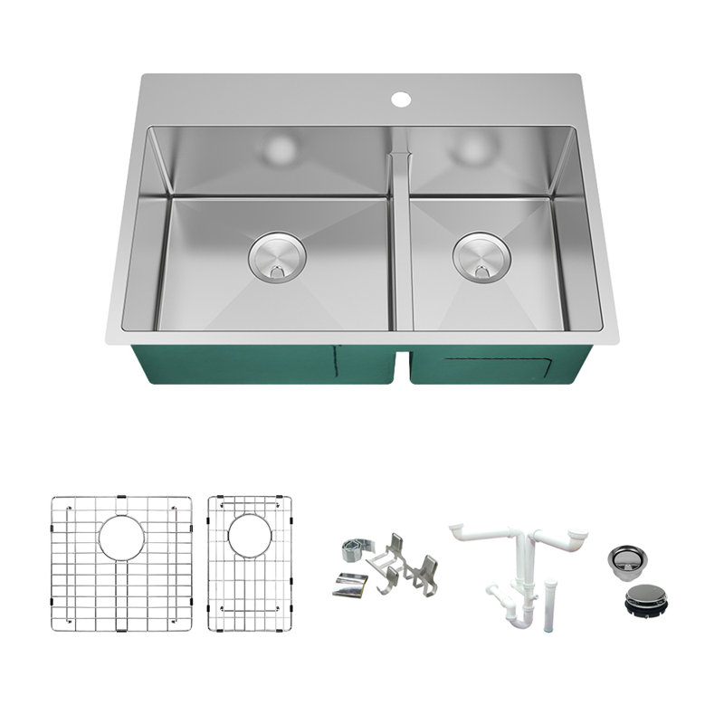 Diamond 33'' L Double Bowl Stainless Steel Kitchen Sink, 1 Hole
