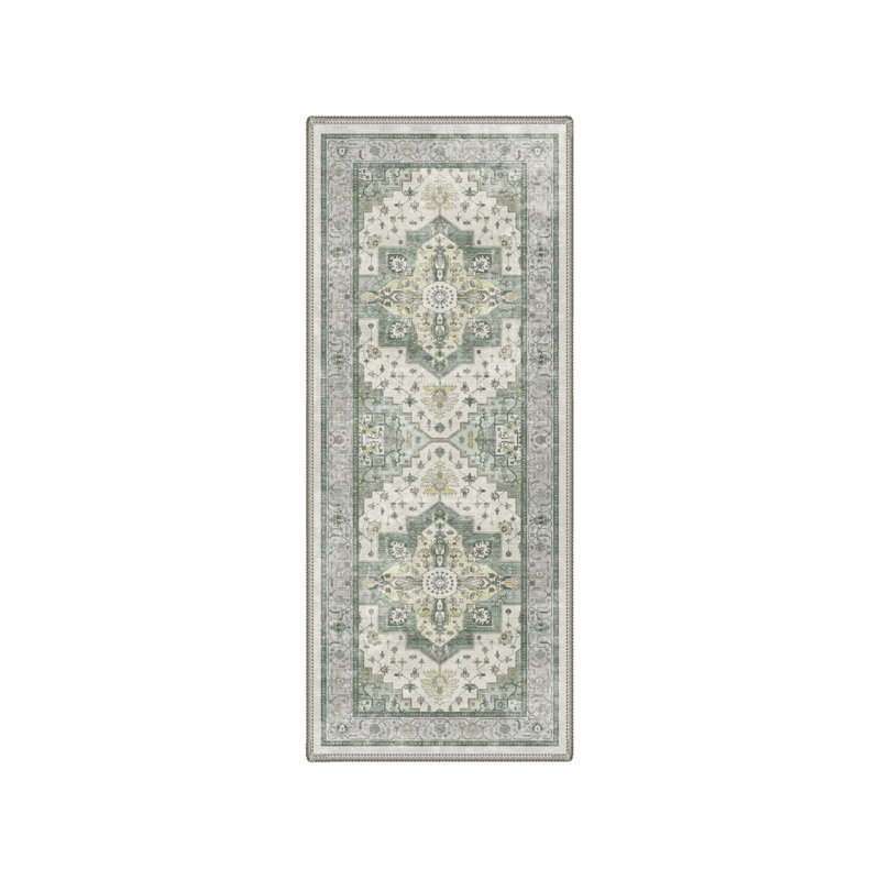 Aurelia Vintage Floral Machine Washable Green / Beige Indoor Area Rug with Non-Slip Backing, Runner 2' x 6'