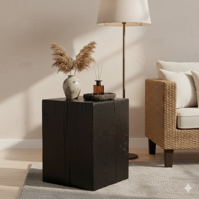 Wood-Look Square-Column MGO End Table, Height 18", With A Wood-Like Distressed Finish. Designed To Mix With Different Heights For Indoor Or Outdoor Use, In Black.