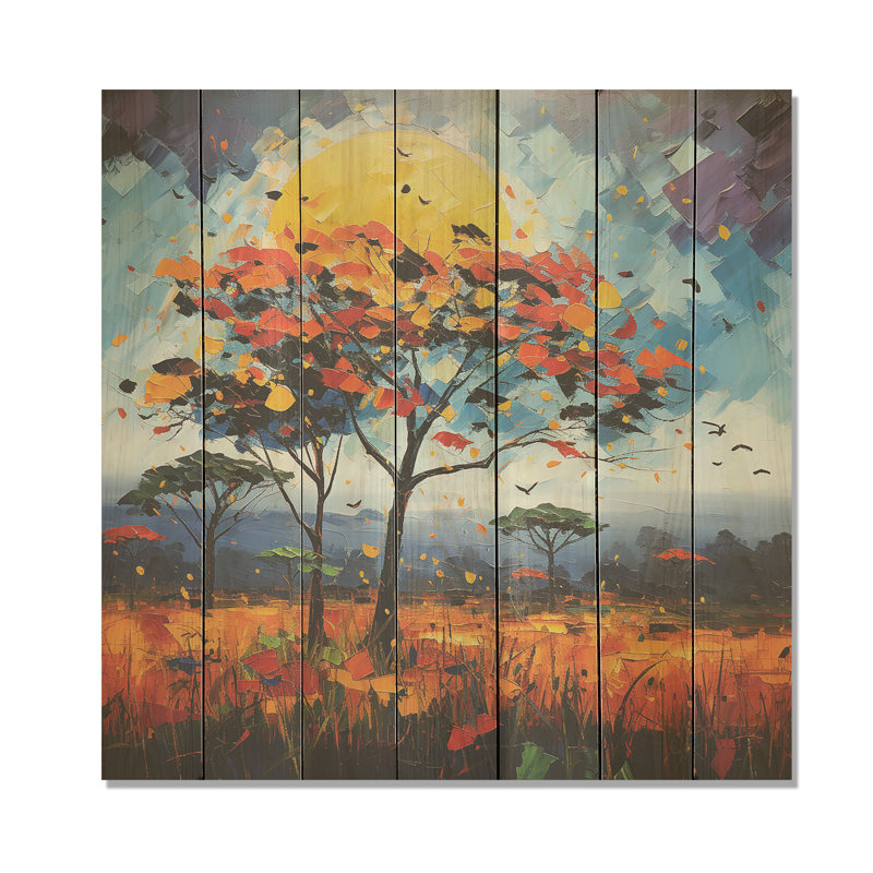 Fauves jaunes et bleues d'Afrique - Arbre africain sur bois, H 30 po x l 30 po