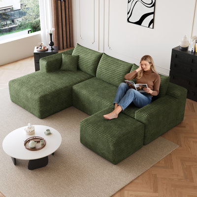 Canapé d'angle Cloud 95 avec 1 pouf, 95 × 59,4 × 28 po, tissu velours côtelé pelucheux, 2 pièces, canapé d'angle, vert, aucun assemblage requis