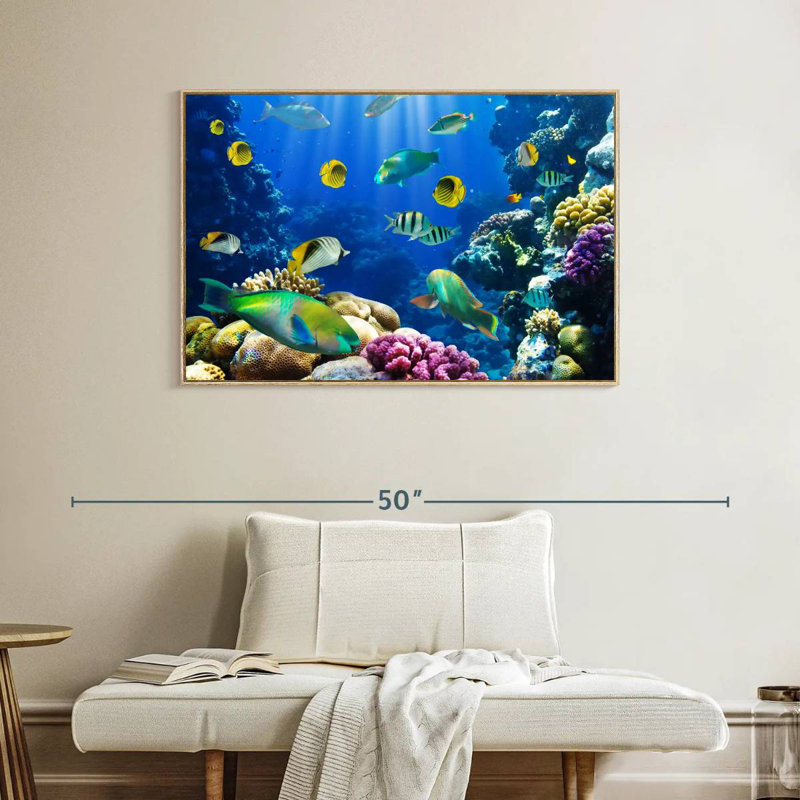Underwater Sea Creatures, Floating Frame Natural Wood, 40" X 27"