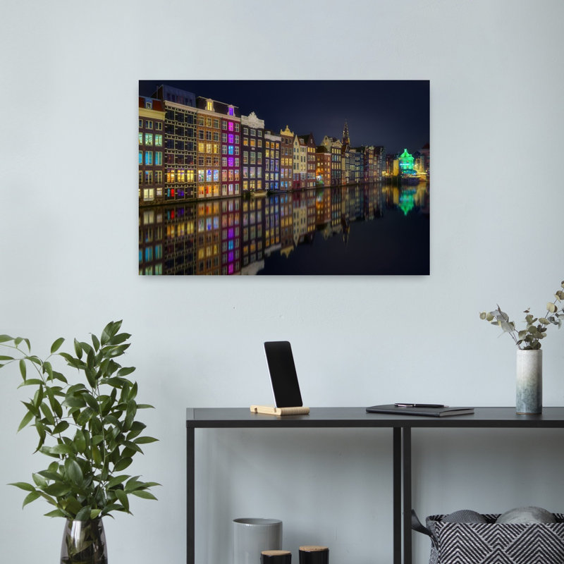 Amsterdam Night Reflections Colorful Tranquil Vibrant Architecture City Wall Art Print by Bartolome Lopez - Print