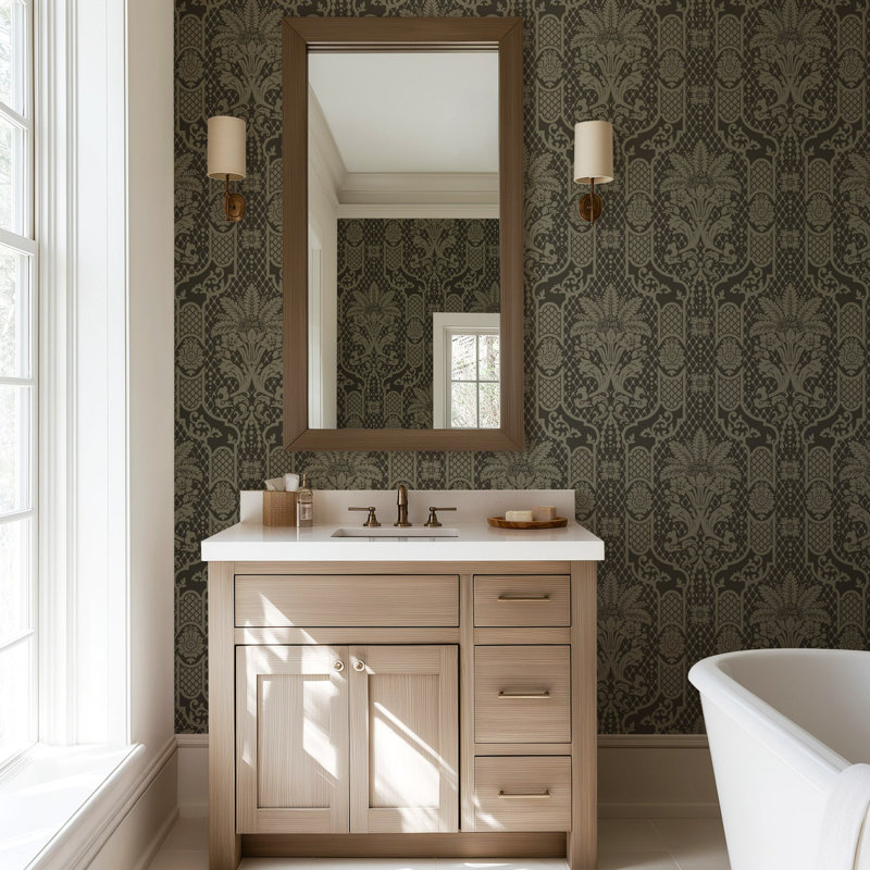 Columnar Bloom - Wallpaper, Faux Grasscloth, Non-Pasted, Black; Tan