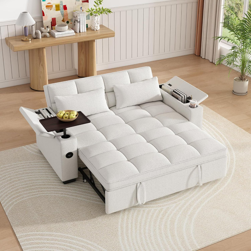 Canapé-lit 68 pouces avec table d'appoint rotative, porte-gobelets et ports USB, Beige