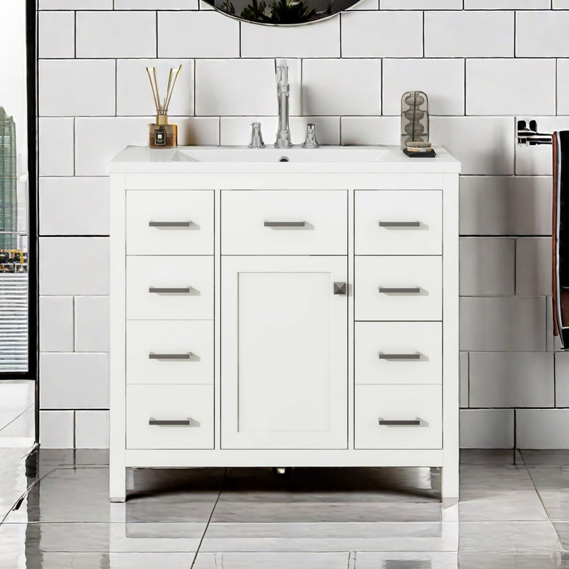 Armoire de meuble-lavabo moderne 36 po avec espace de rangement multifonctionnel - 5 tiroirs et 1 porte