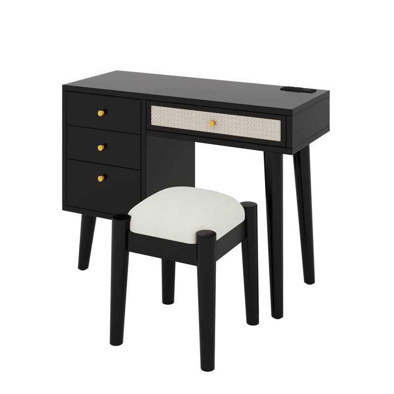 Dressing Table With 3 Storage Drawers And 1 Rectangular Rattan Drawer, Black