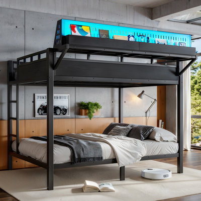 Grand lit superposé en métal avec tablettes de rangement et panneau perforé pour grand lit et grand lit, cadre de lit superposé avec ports USB et lumières DEL, peu encombrant, pour les adolescents et les adultes