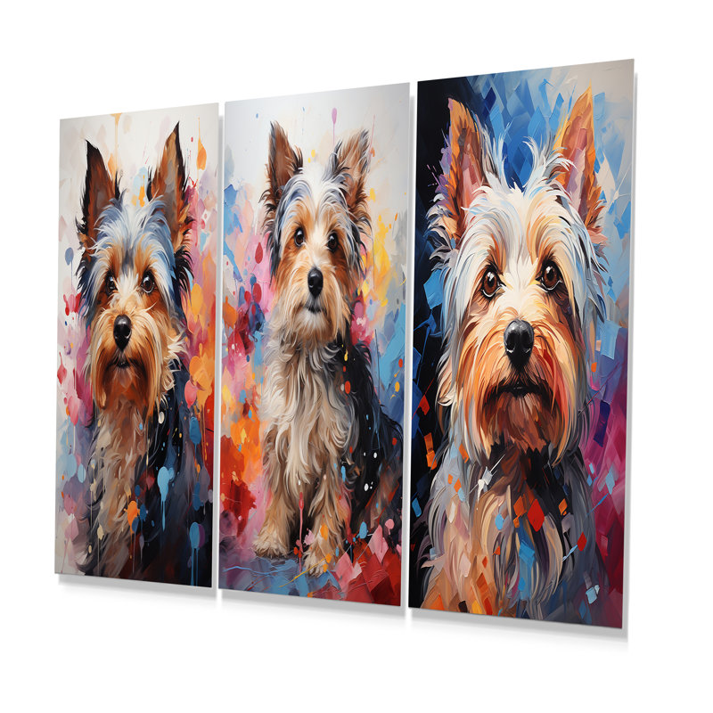 Doge Yorkie Reverie - ensemble de 3 reproductions d'art mural en métal, H 28 po x l 36 po