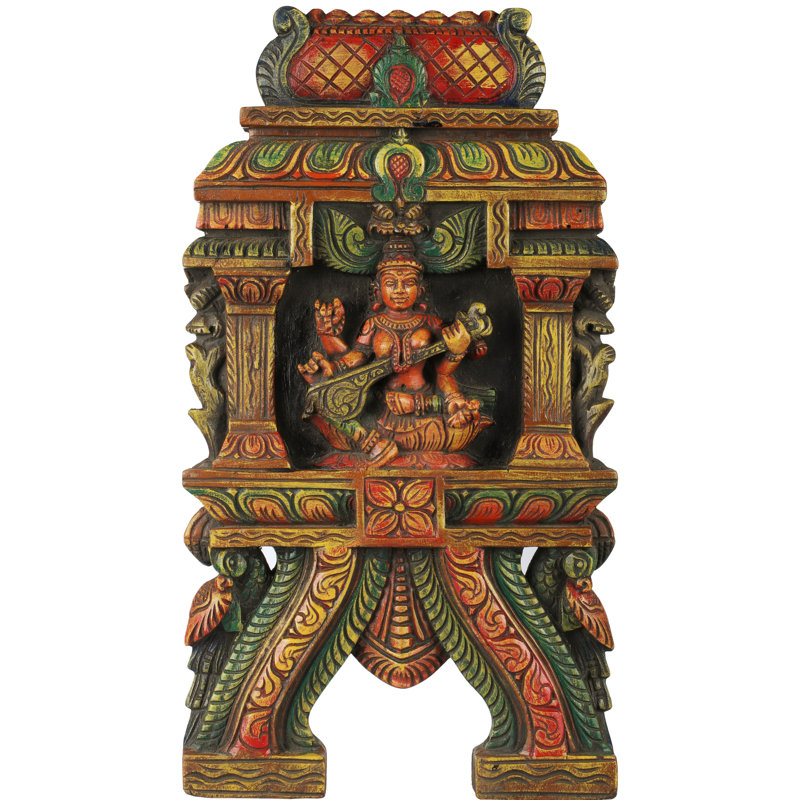 24" Handcrafted Wood Saraswati Wall Panel – South Indian Temple Carving (Kavadi Art)