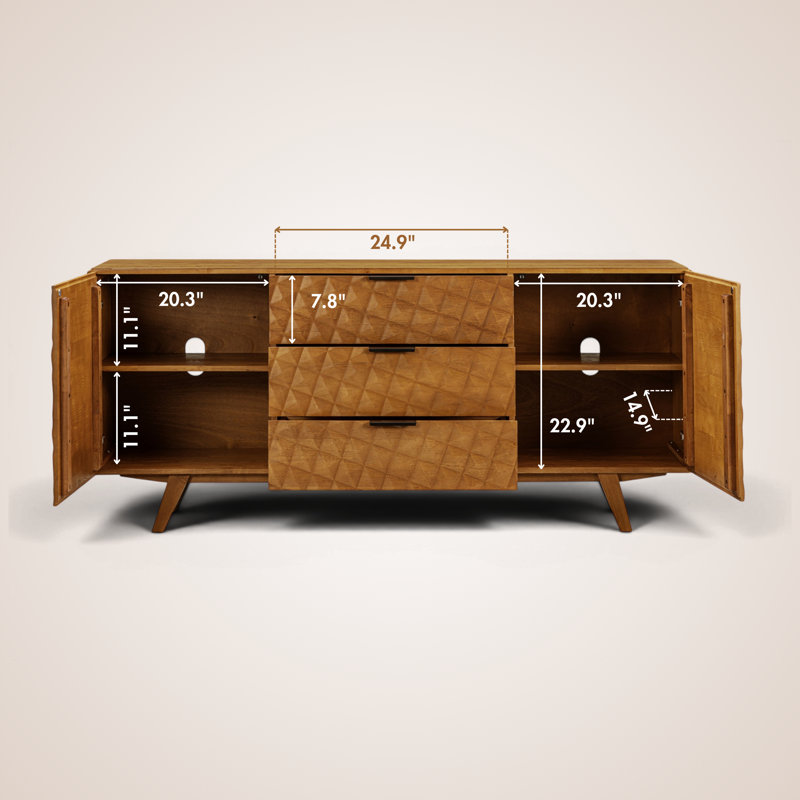 Buffet 71 po en bois massif avec portes géométriques sculptées en 3D, 2 portes, 3 tiroirs, tablettes réglables, design Mid-Century moderne, assemblage facile, chêne rustique