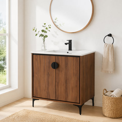 Meuble-lavabo autoportant de 30 pouces avec lavabo en céramique, 2 portes à fermeture douce, armoire de rangement en contreplaqué brun pour la salle de bain, salle d'eau