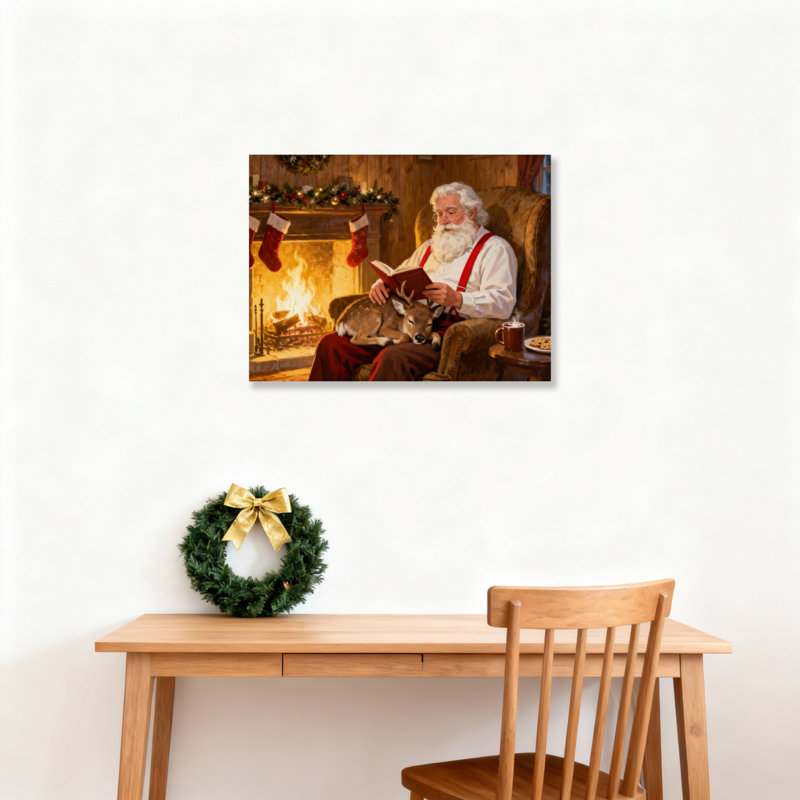 Père Noël lisant sur toile, cerf, H 24 po x l 36 po