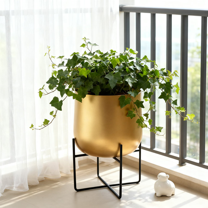 Modern Indoor Plant Stand With Gold Planter - Large Flower Pot For Home And Office Decor, Decorative Metal Plant Holder For Indoor Plants