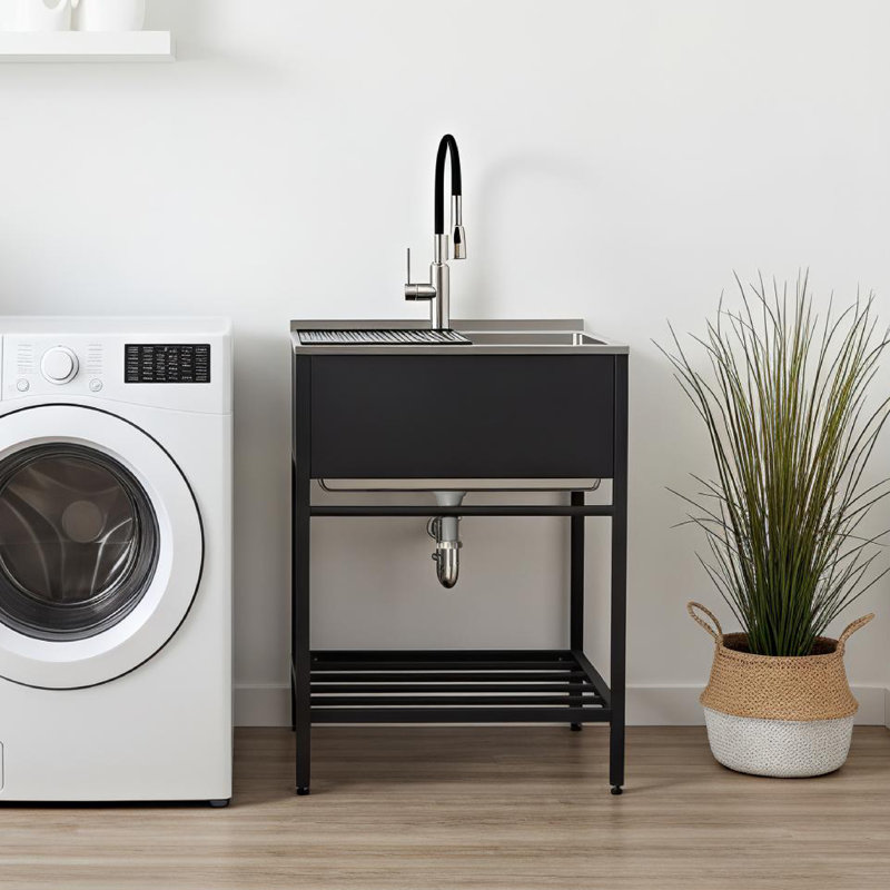 25'' L x 22'' W Freestanding Laundry Sink with Faucet, Matte Black