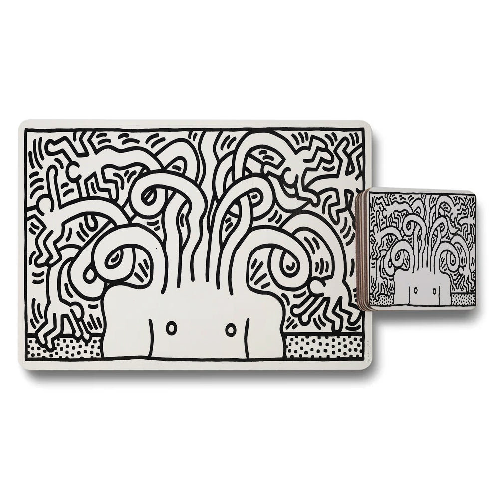 Monochrome Abstract Line Art Placemat and Coaster Set