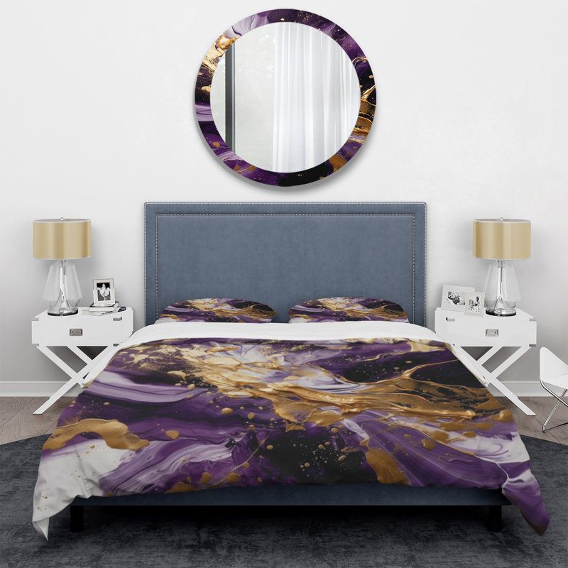 Ensemble de housse de couette en microfibre / polyester mauve et doré, Housse de couette pour très grand lit et 2 très