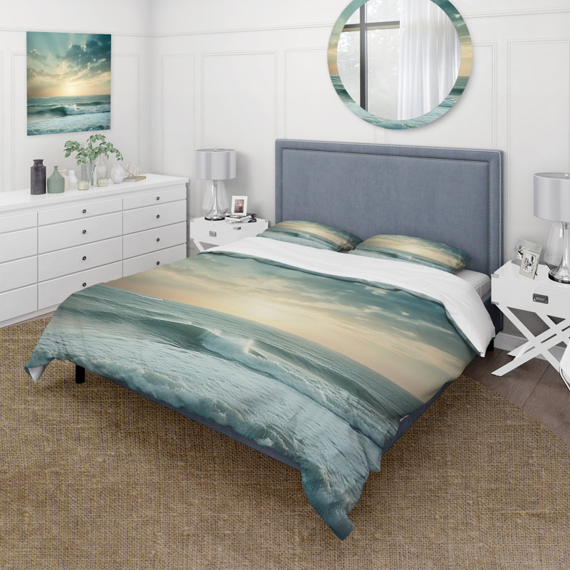 Coastal Waves Scenery View - Ensemble de housse de couette Coastal - Microfibre de polyester