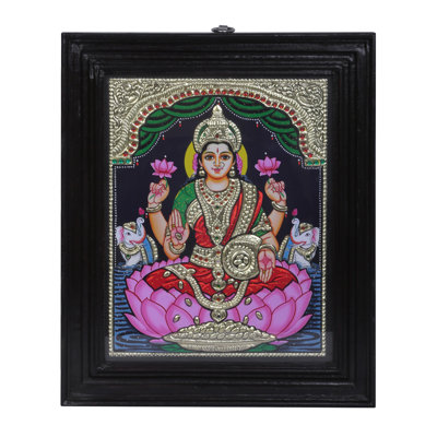 Peinture Devi Gajalakshmi Tanjore avec cadre en bois de teck | Couleurs traditionnelles avec or 24 carats | Fait à la main