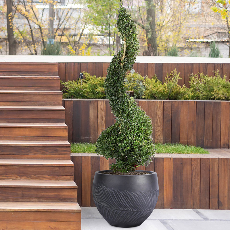 Leaf Embossed Concrete Effect Ball Round Planter, Frostproof Outdoor Plant Pot, Black Round Garden Planter with Drainage Holes