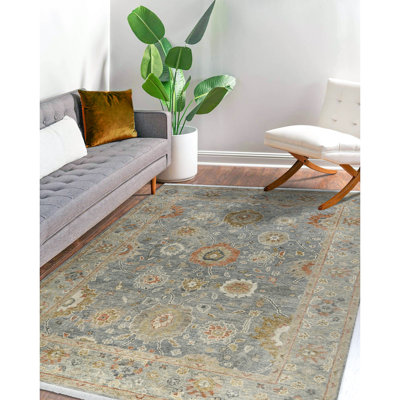 Bungalow Rose Oriental Hand-Knotted Wool Area Rug in Grey/Brown