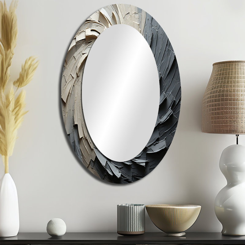 Grey Beige Meditative Movement III - Abstract Oval Decorative Mirror On Metal, 36" x 24"