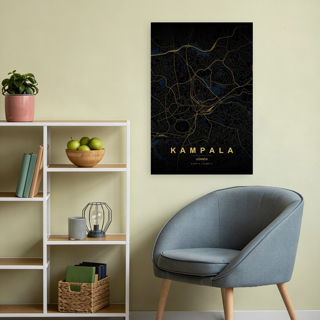 Golden Kampala Map Abstract Elegant Minimalist City Wall Art Print