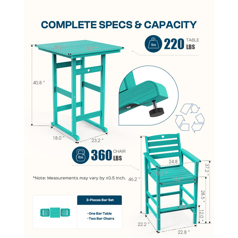 5-Piece Bar Height Outdoor Table and Chairs Set HDPE Wood Grain Patio Bar Table and Chairs with Heart Cutout Design, Blue