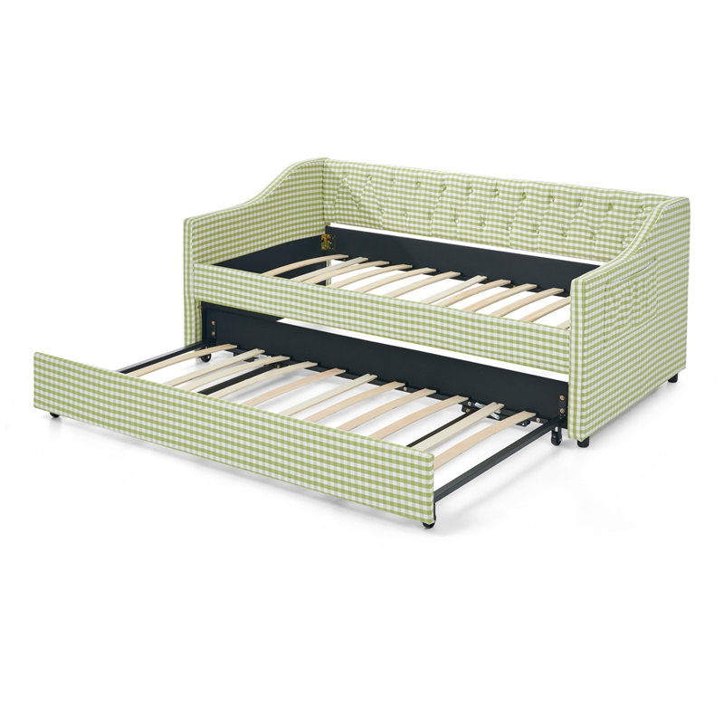 Lit de jour rembourré polyvalent 3 en 1 avec lit gigogne escamotable et poche de rangement latérale, Lit simple, Vert