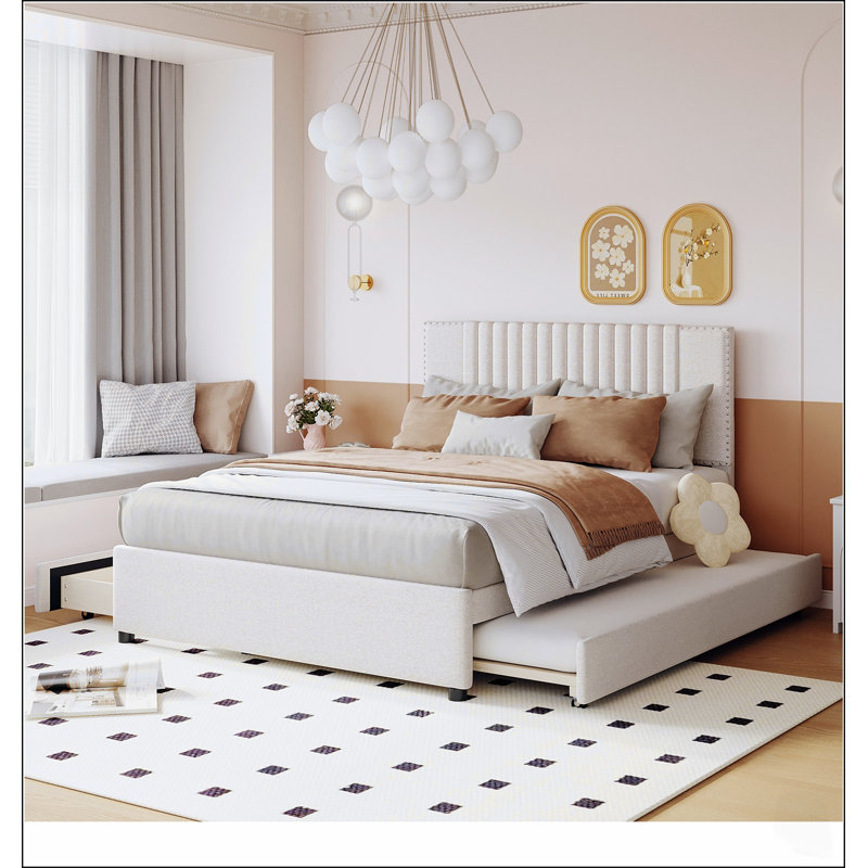 Lit plateforme tapissier avec 2 tiroirs et 1 lit gigogne, tête de lit classique pour l'élégance et le rangement, Double, Gray