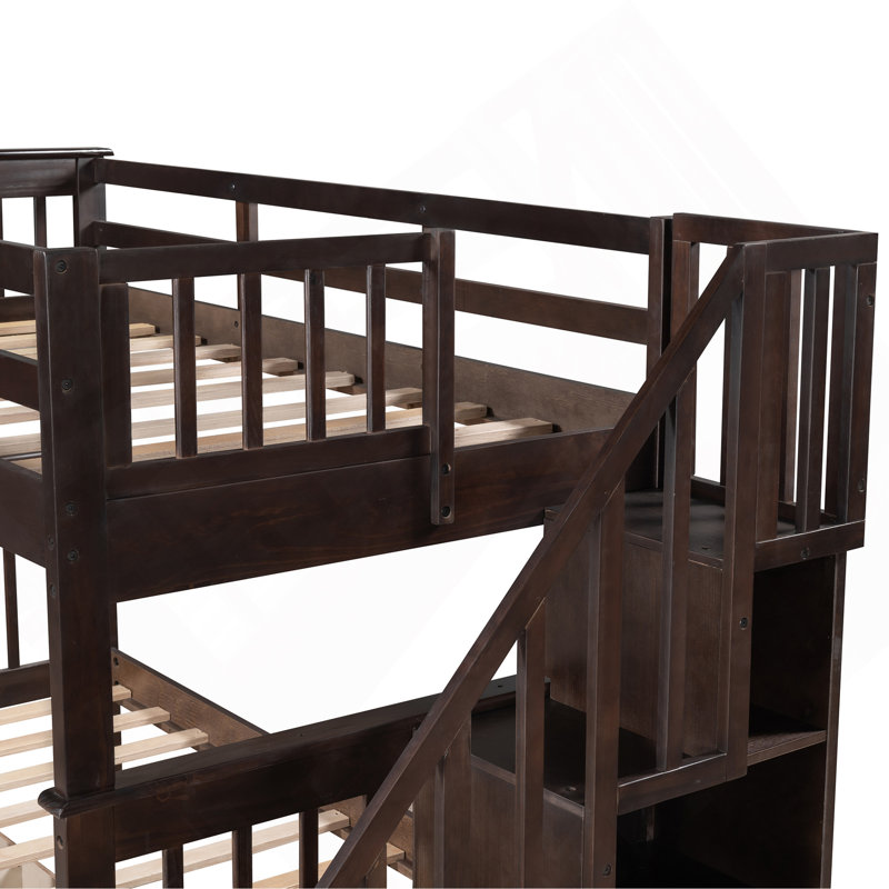 Lit superposé simple au-dessus de simple avec trois tiroirs pour chambre à coucher, dortoir Stairway, Espresso