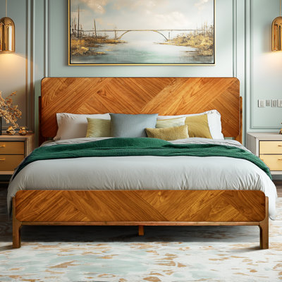 Bifrost 100% Solid Acacia Wood Platform Bed With Tall Headboard And Footboard, Mid-Century Art Deco Design, No Box Spring Needed, Sturdy Slat Support, Scratch & Water-Resistant