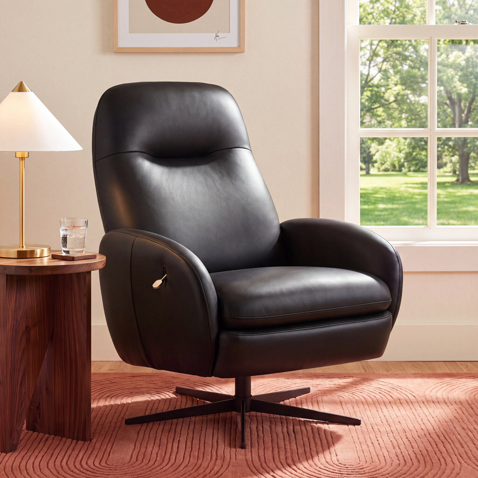 Danva 32" Genuine Leather Manual Swivel Recliner, Florida Black Genuine Leather