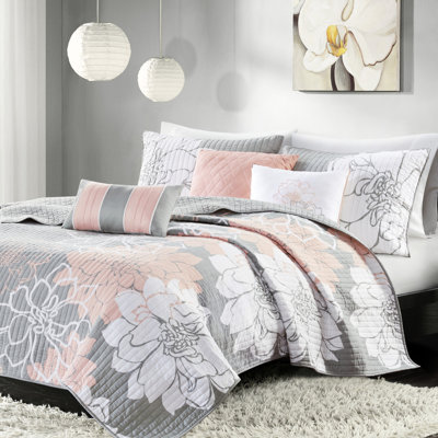 Literie 6 pièces, gris / pêche, double / grand, coton imprimé, confortable réversible, coussins brodés, lavable à la machine en coton gris / pêche, réversible, floral, rembourrage chaud, 3 coussins décoratifs