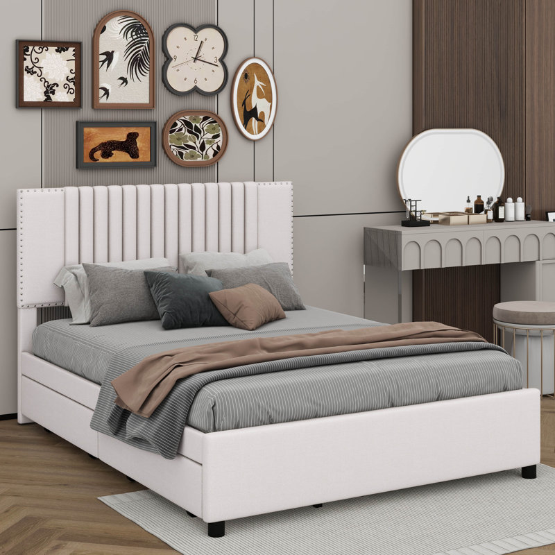 Lit plateforme avec tête de lit rembourrée et 2 tiroirs intégrés, Beige, Full