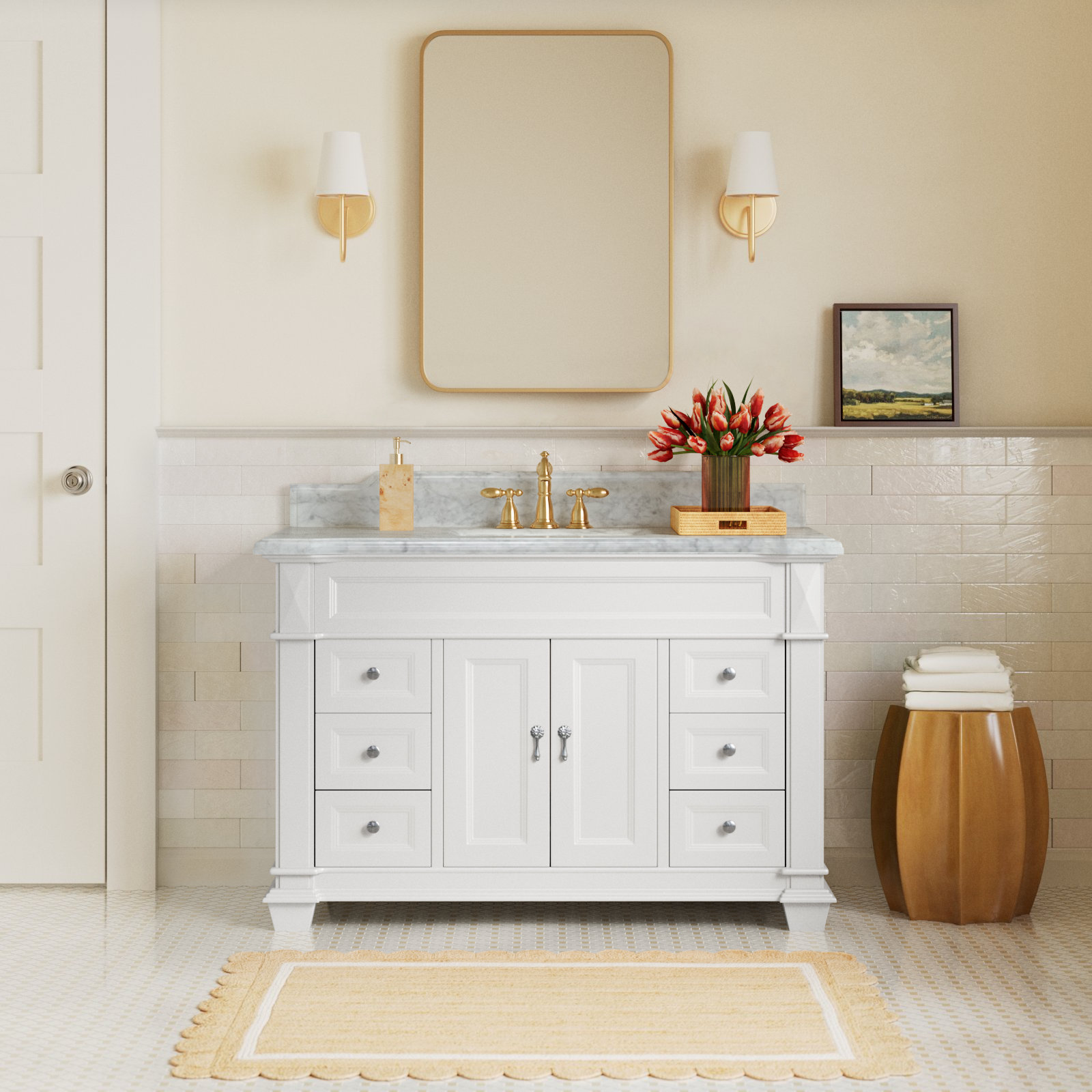 Ensa 48'' Single Bathroom Vanity, Carrara Marble, White