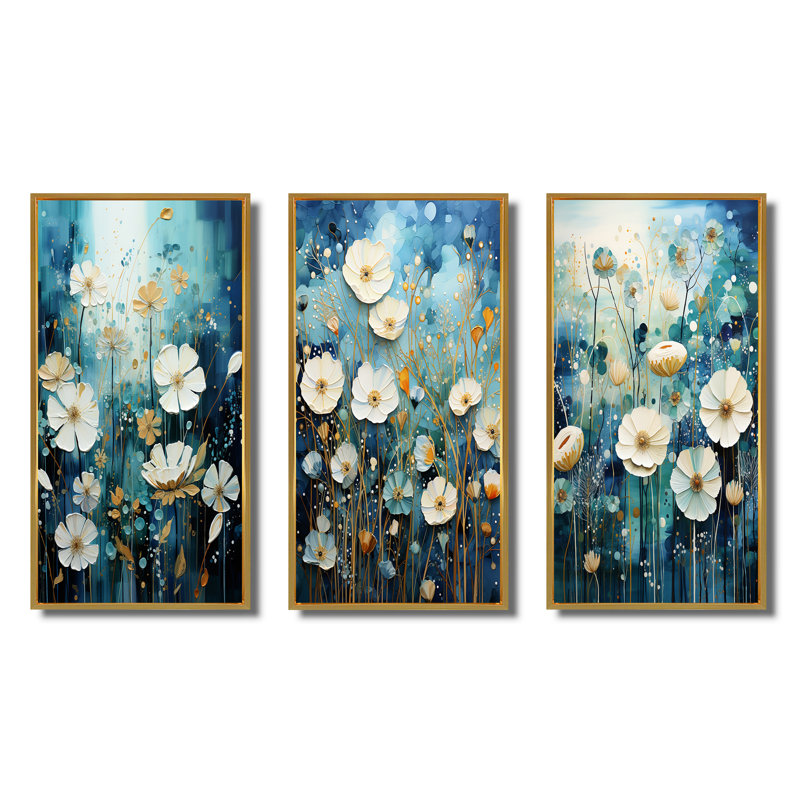 «Blue Tranquil Gardens», 3 pièces sur toile, H 20 po x l 36 po, Encadrement doré