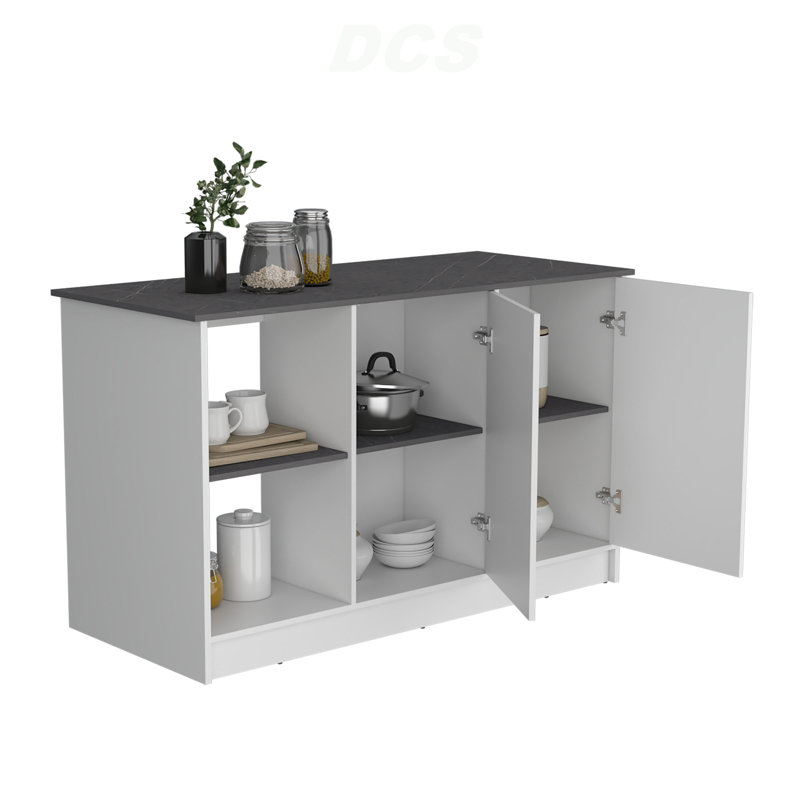Juniper Kitchen Island With Large Top Surface, Double Door Cabinet, And Open Shelves White / Onyx, Kitchen Island, White