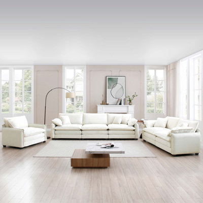 3 Piece Comfortable Oversized Sectional Sofa, One Single Sofa And Two Seaters In Beige Corduroy With Deep Seating