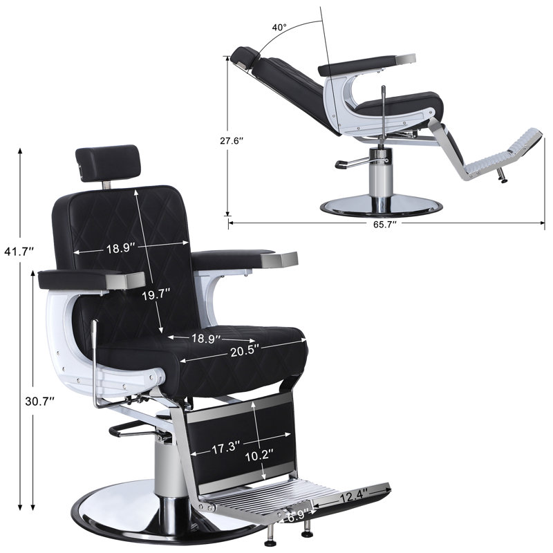 26.7" Wide Vegan Leather Heavy Duty Metal Manual Ergonomic Recliner Barber Chair, Black/Black Faux Leather